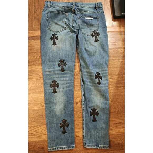 Chrome Hearts Blue Denim Jeans Pants Size 32x30 Black Leather Lamb Crosses - Picture 9 of 12